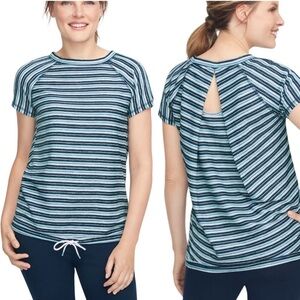 T by Talbots Drawstring Hem Stripe Short Sleeve Pullover Large Petite Blue